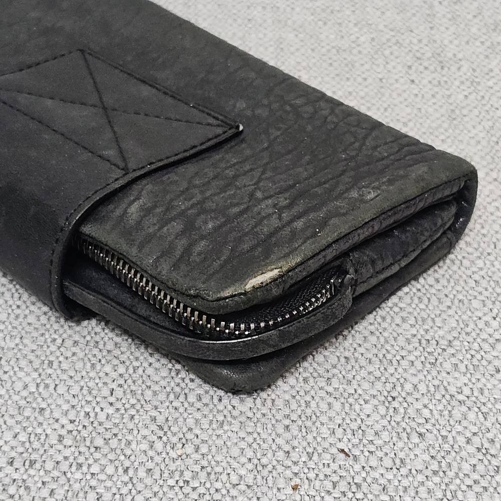 AllSaints Black Distressed Leather Tri Fold Wallet Zip Pocket - Picture 3 of 11